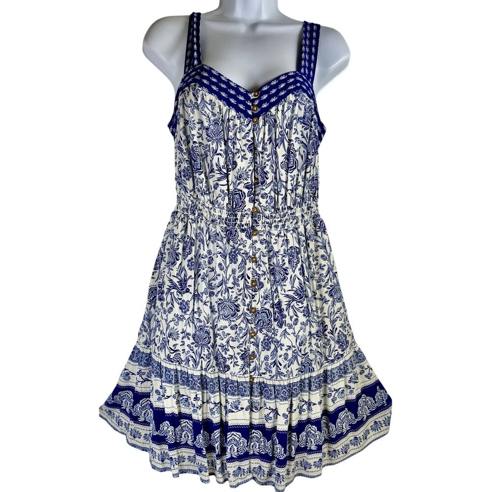 Knox Rose women’s blue White chinoiserie floral toile print dress sm cottagecore